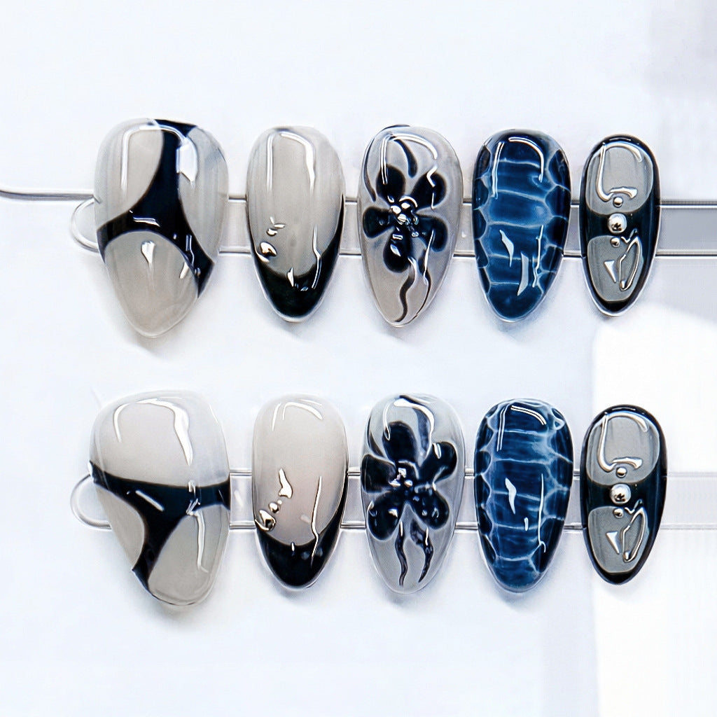 Celestial Waves Medium Almond Gray and Blue Marble Press On Nail Set
