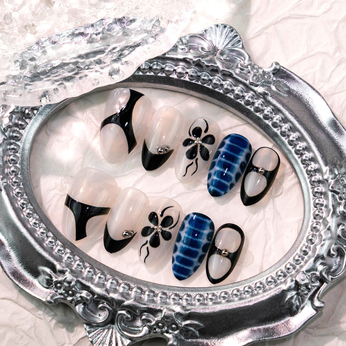 Mystical Evening Medium Almond Black and Blue Floral Accent Press On Nail Set