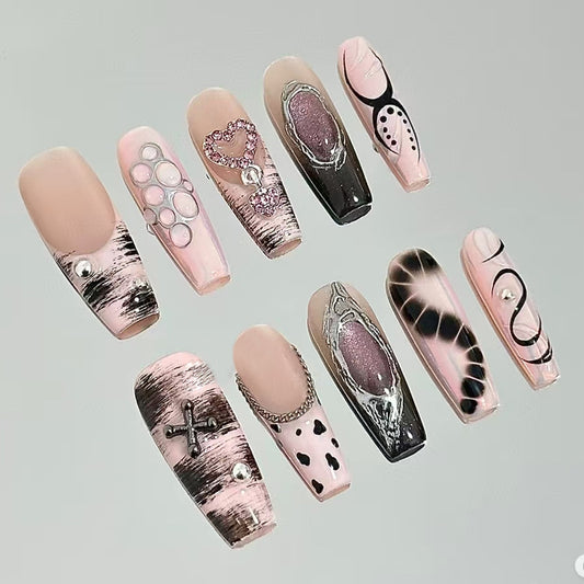 Chic Glamour Long Coffin Pink Press-On Nail Set with Unique Gemstone Accents