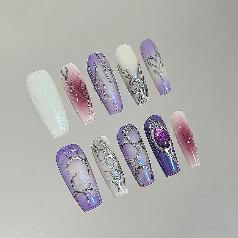 Celestial Charm Medium Square Purple Ombre with Unique Metallic Accents Press On Nail Set