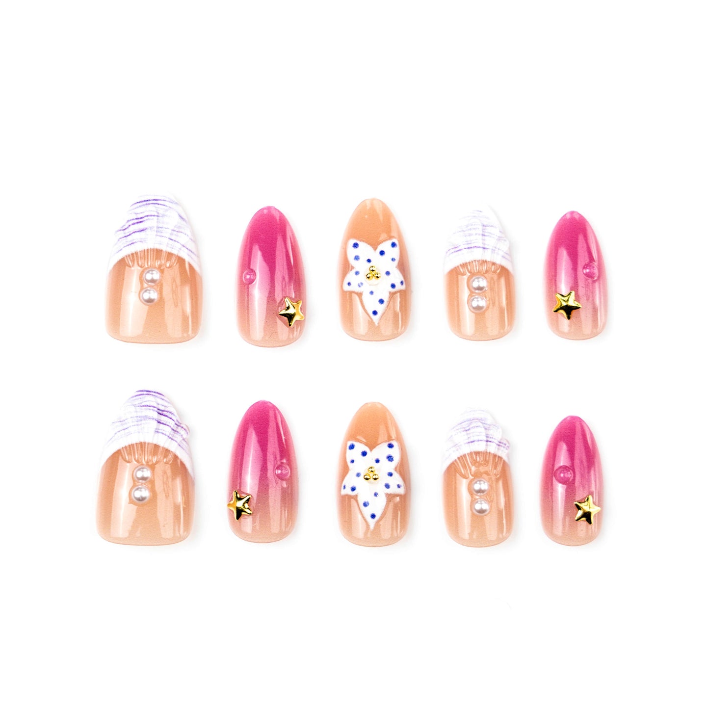 Tropical Beach Vibes Medium Almond Pink with Shell and Star Accents Press On Nail Set