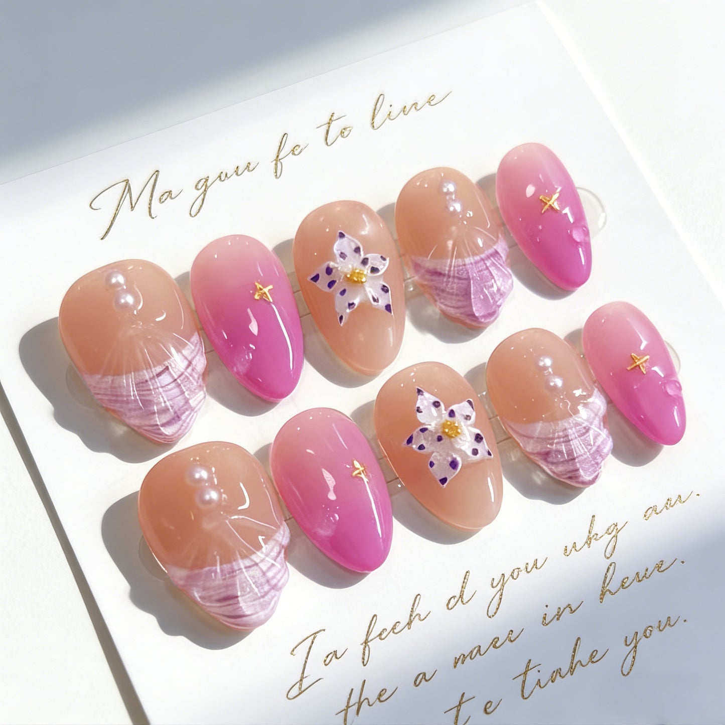 Ocean Breeze Long Oval Pink with Floral Accents Press On Nail Set