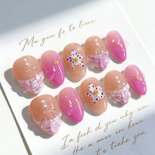 Ocean Breeze Long Oval Pink with Floral Accents Press On Nail Set