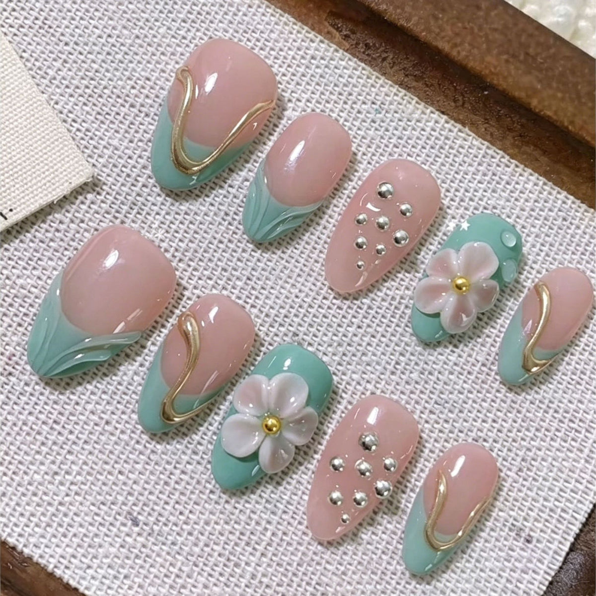 Floral Fantasy Medium Almond Pink and Mint Press On Nail Set with Embellished Accents