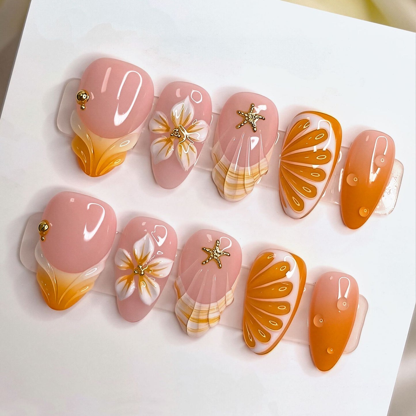 Seaside Serenity Short Almond Peachy Radiance with Flower and Starfish Accents Press on Nail Set