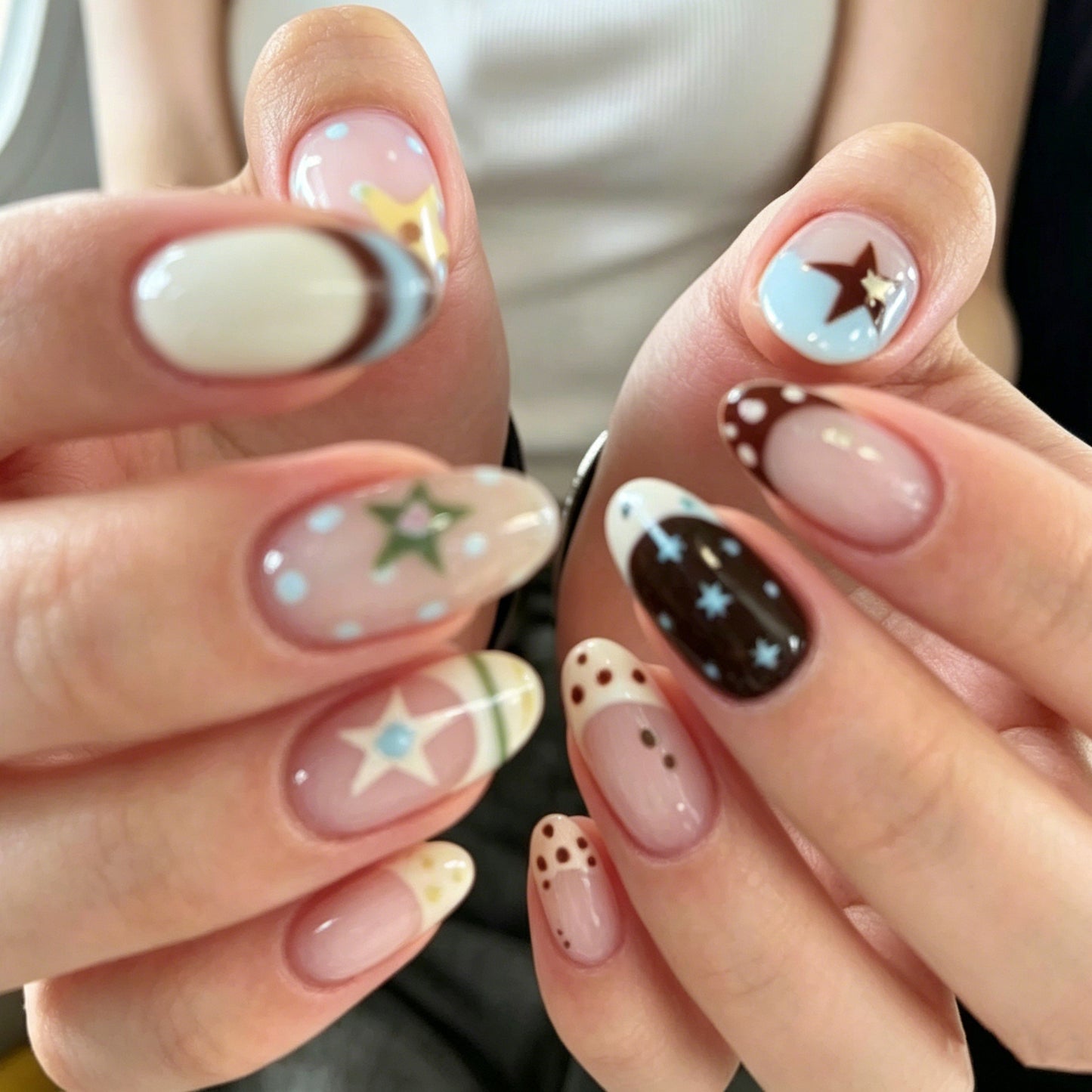 Celestial Dream Medium Almond Pastel with Starry Accents Nail Set