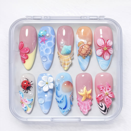 Beach Vibes Long Stiletto Blue and Pink Floral Press-On Nail Set