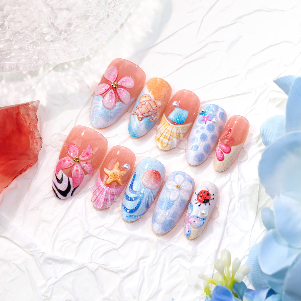 Tropical Oasis Medium Almond Pink and Blue Floral Accents Press-On Nail Set