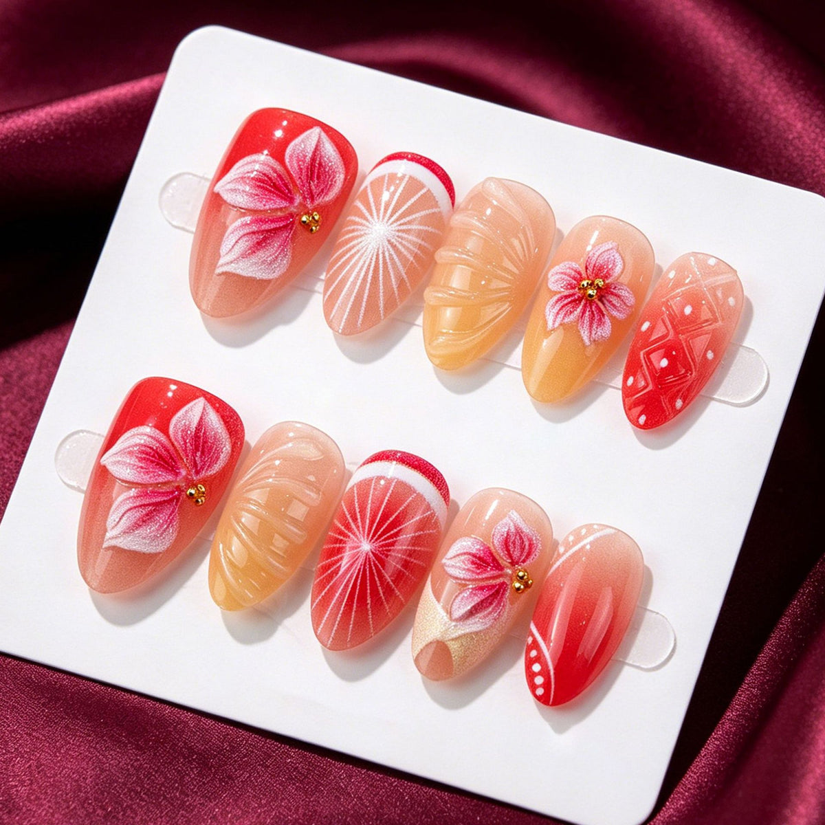 Tropical Blossom Medium Almond Red Floral Nail Set