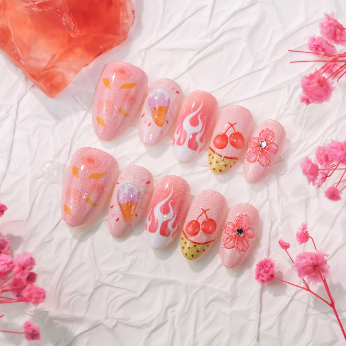 Sweet Summer Vibes Medium Almond Pink Nails with Fun Cherry and Flower Accents