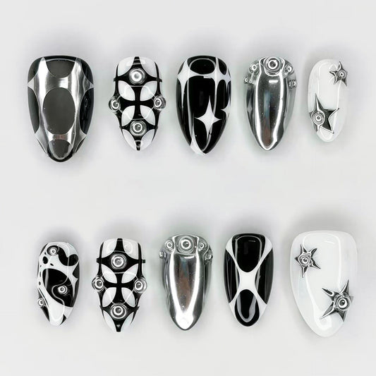 Chic Galaxy Black and White Medium Almond Press On Nail Set with Unique Star Accents