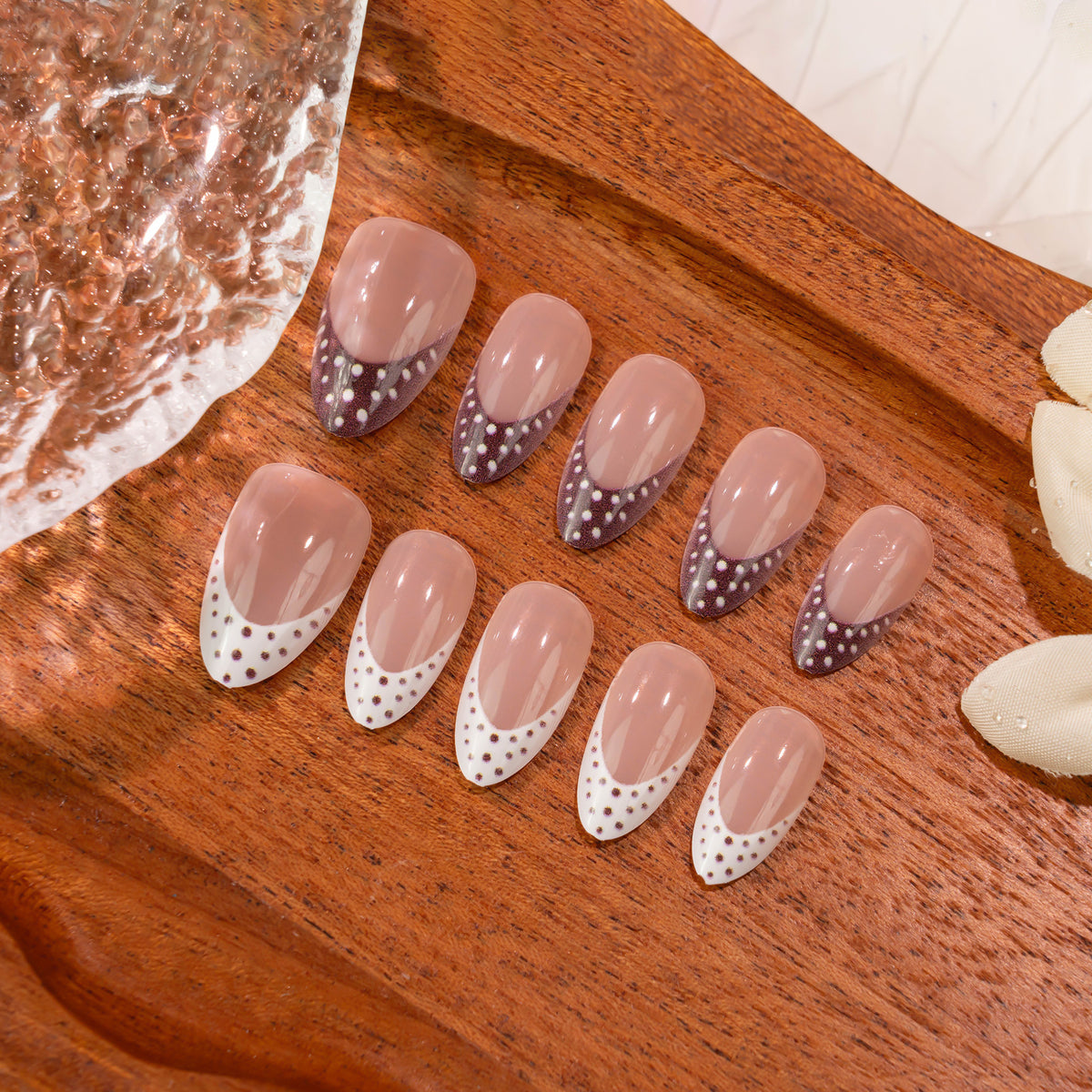 Elegant Garden Medium Almond Blush with Dotted Gradient Design Press On Nail Set