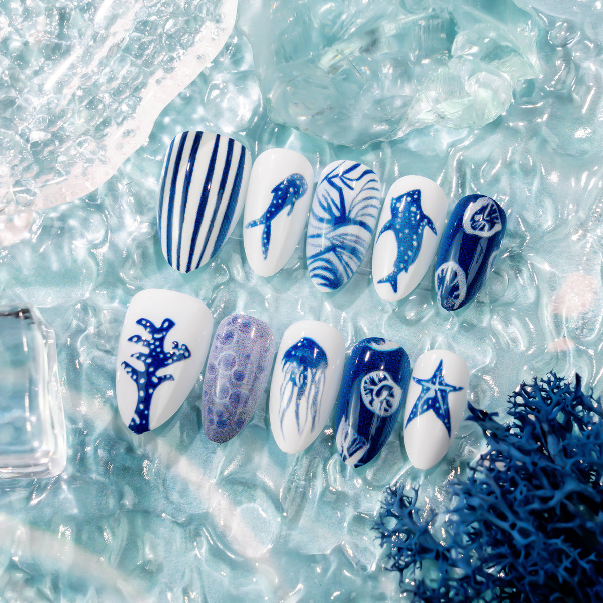 Nautical Dream Medium Almond Blue Ocean-Themed Press On Nail Set