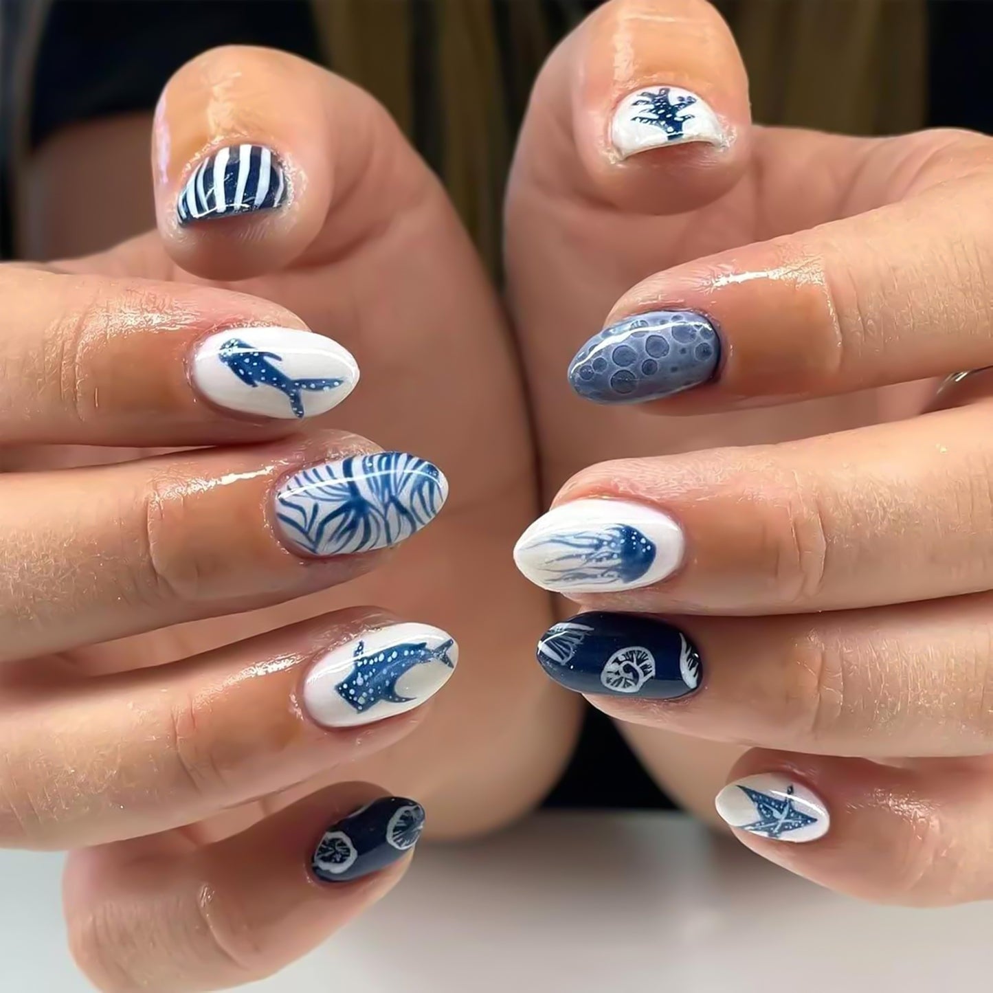 Under the Sea Medium Almond Blue Ocean Wave Design Press Nail Set