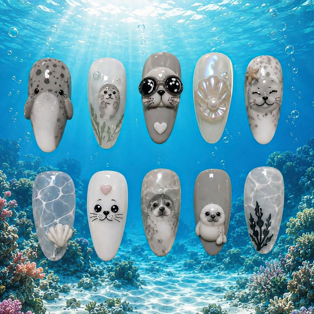 Ocean Vibes Long Almond Gray Nail Set with Unique Sealife Designs