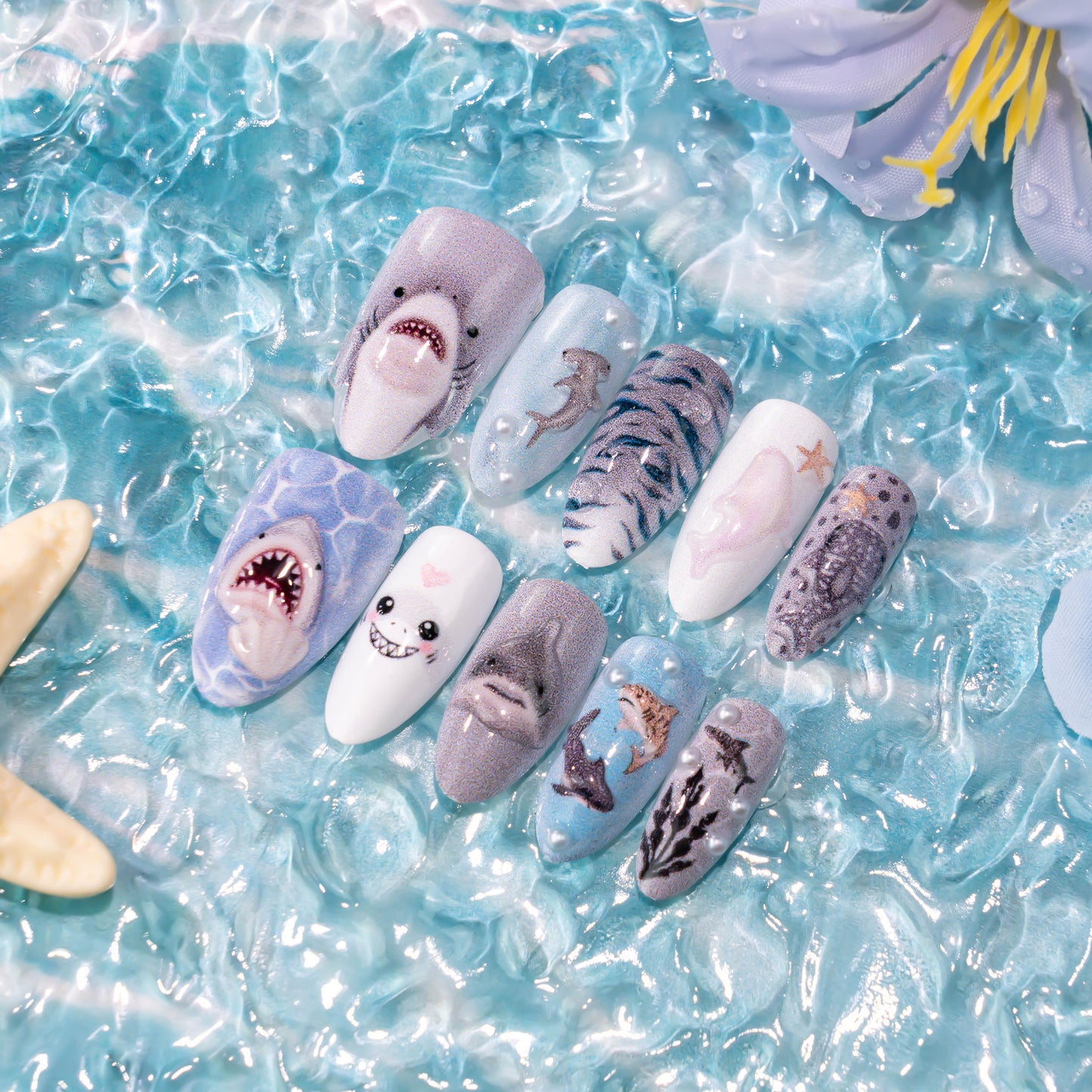 Underwater Adventure Medium Oval Blue Shark Design Press on Nail Set