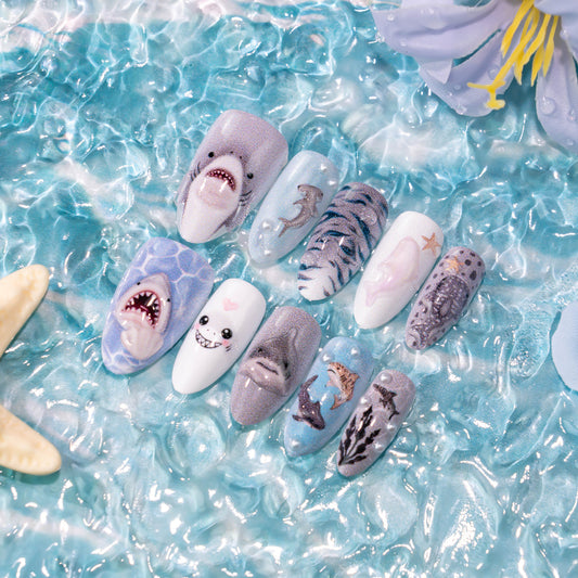 Underwater Adventure Medium Oval Blue Shark Design Press on Nail Set