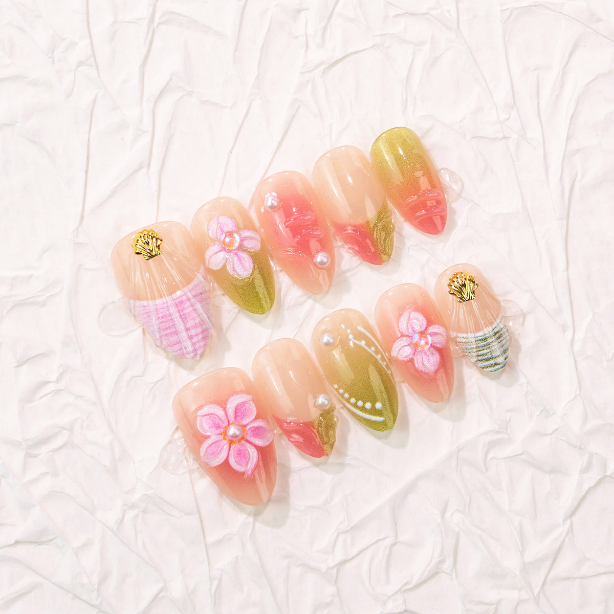 Tropical Aura Medium Almond Pink Floral Accents Press On Nail Set