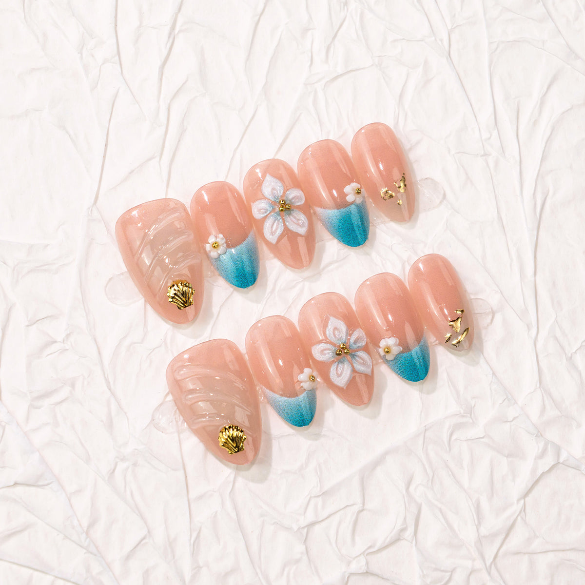 Seaside Dream Medium Almond Pink with Floral and Shell Accents Press on Nail Set