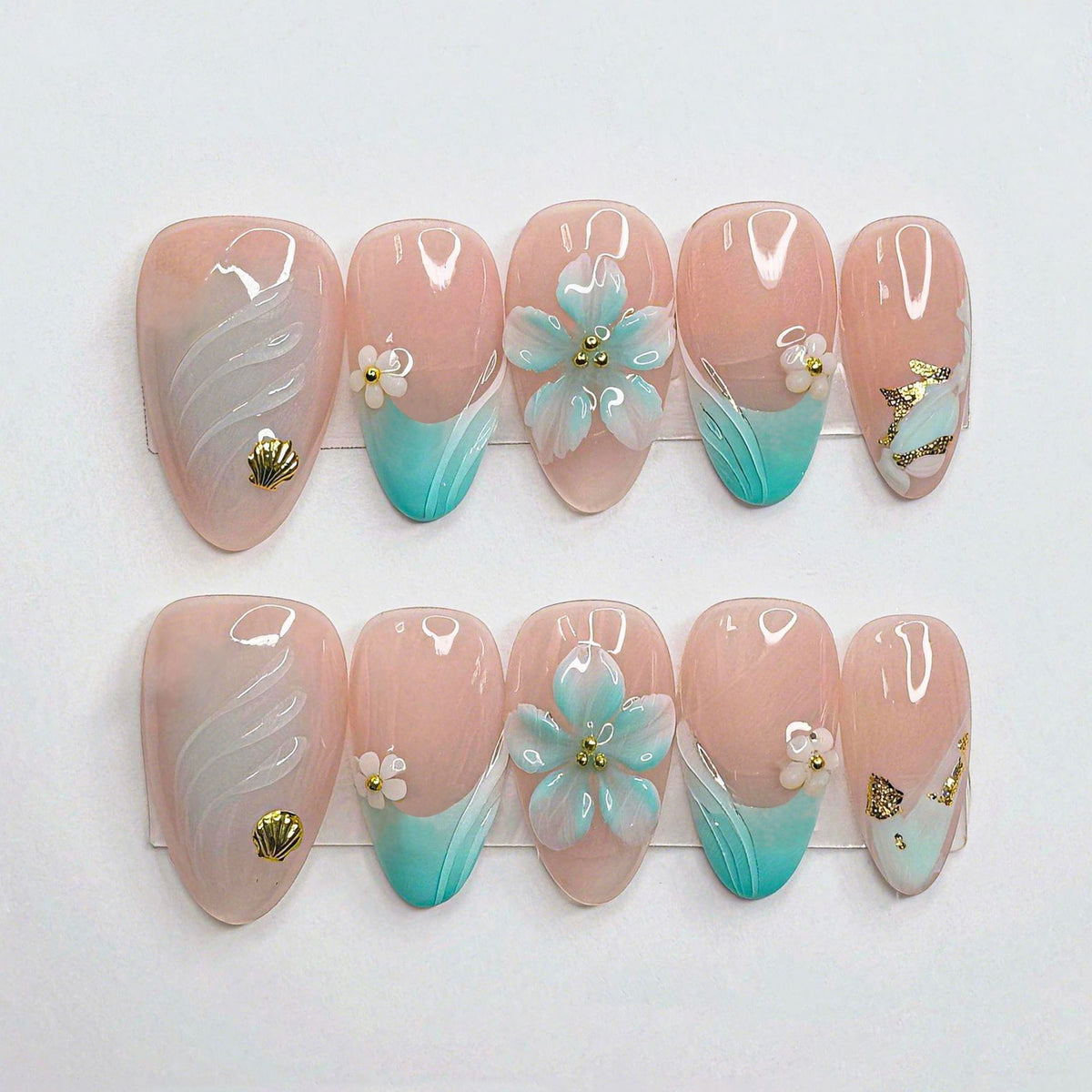 Ocean Breeze Medium Almond Pastel Pink with Floral and Gold Accents Press on Nail Set