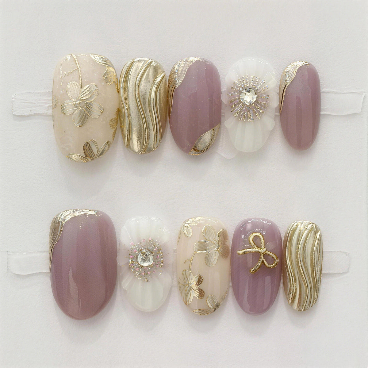Elegant Floral Short Round Pink Gold Accented Press-On Nail Set