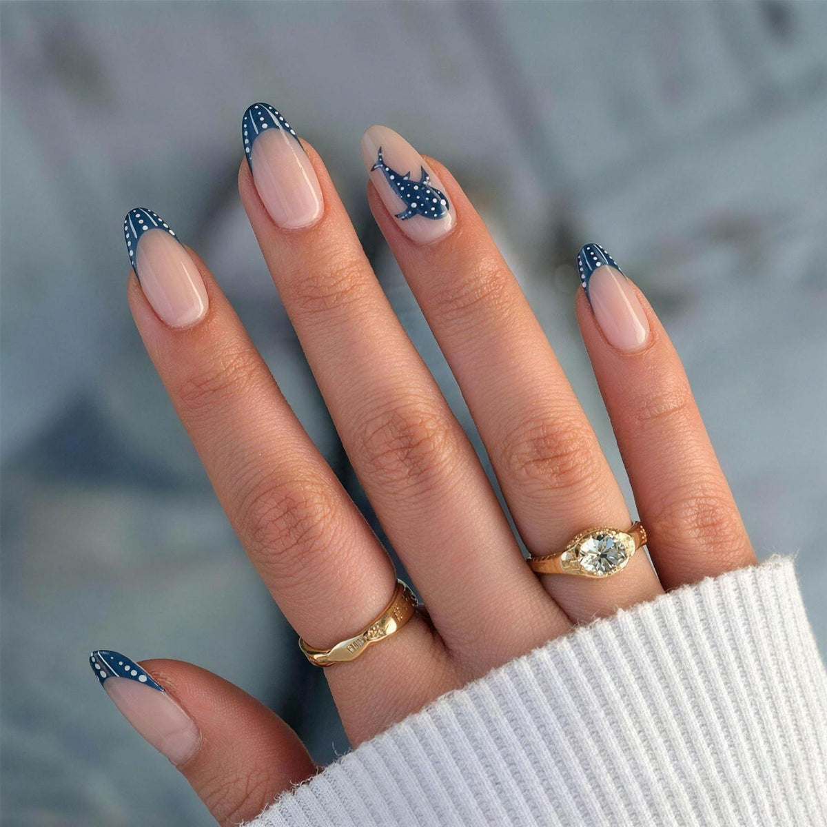 Ocean Breeze Medium Almond Navy Blue with Whimsical Fish Design Press On Nail Set