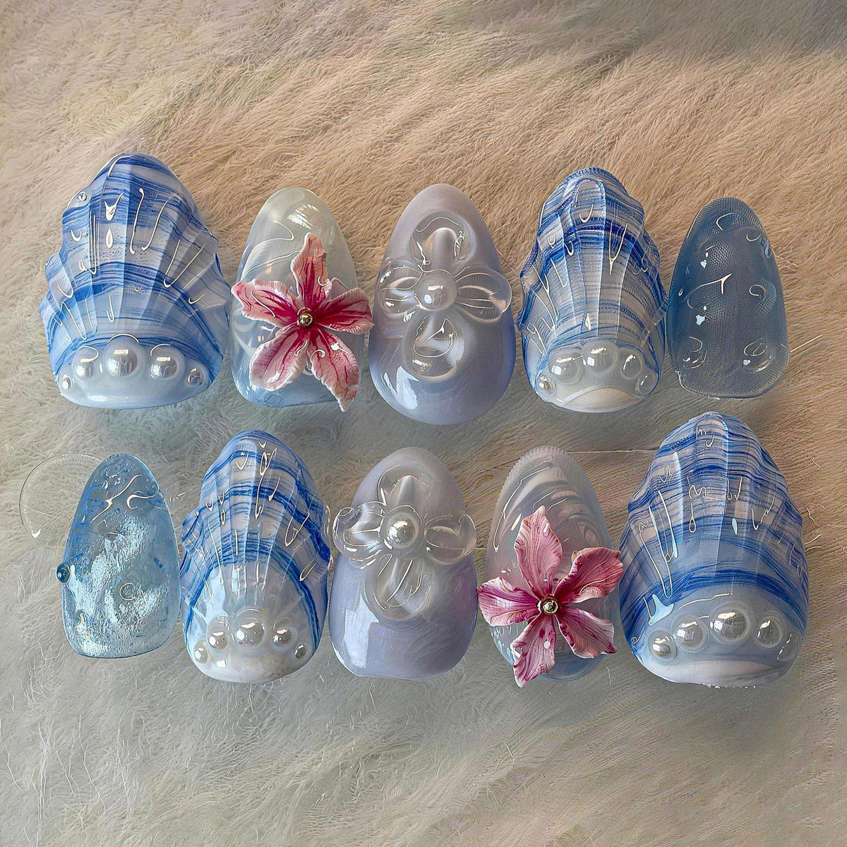 Ocean Breeze Medium Almond Blue Floral Accents Press On Nail Set