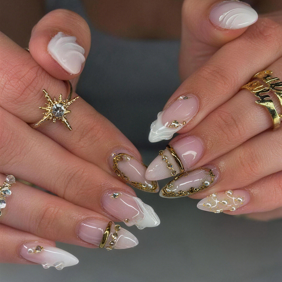 Gilded Elegance Medium Almond White Marble Accent Press On Nail Set