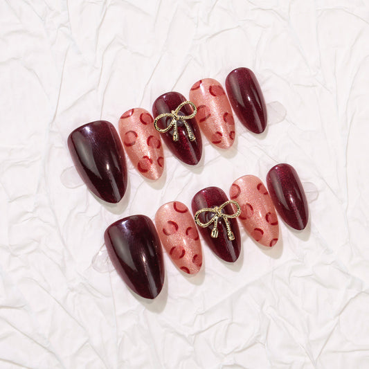 Romantic Elegance Medium Almond Burgundy with Gold Bow Accents Press On Nail Set