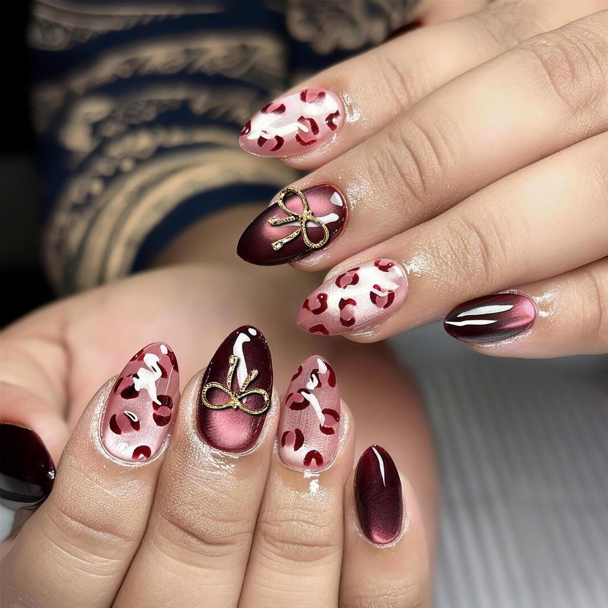 Elegant Twilight Medium Almond Burgundy with Sparkling Bow Press On Nail Set