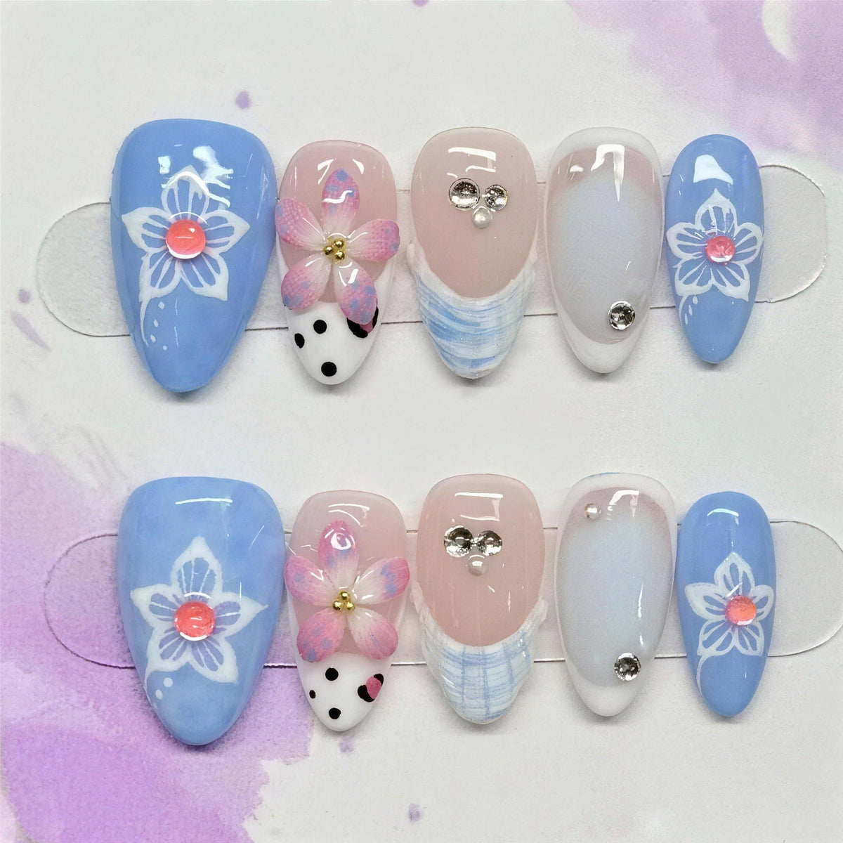 Whimsical Floral Elegance Medium Almond Blue with Hand-Painted Floral Accents