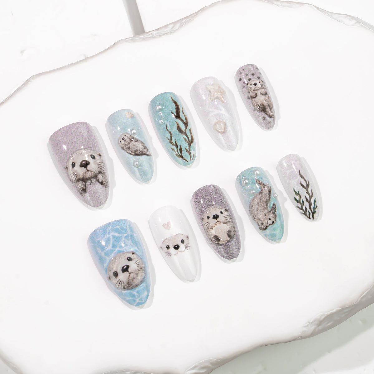 Underwater Adventure Medium Almond Aqua Marine Animal Design Press On Nail Set