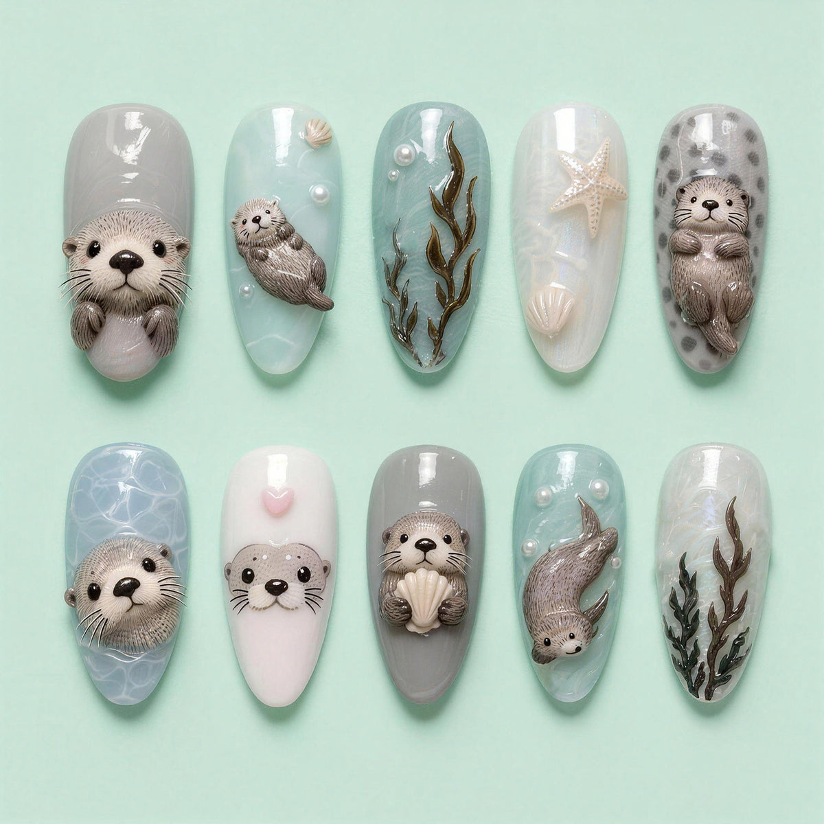 Under the Sea Medium Almond Gray with Adorable Otter Design Press-on Nail Set