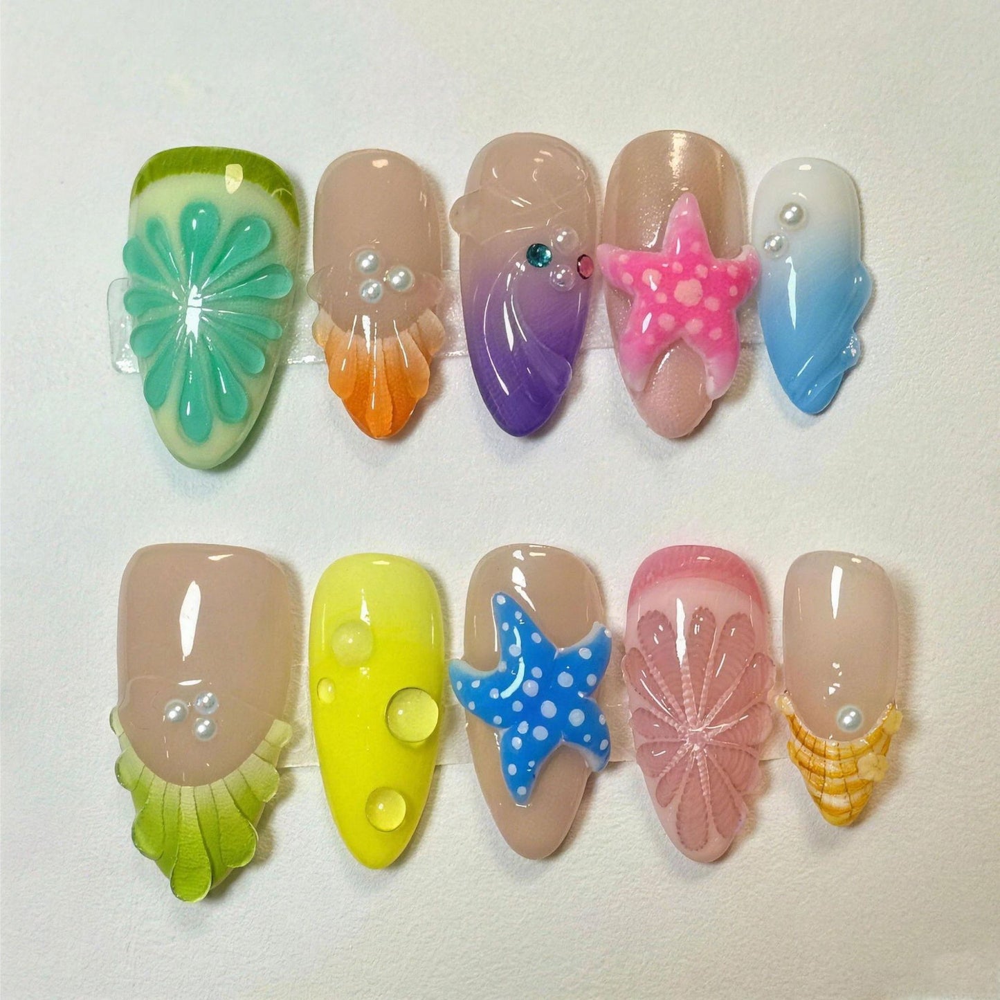 Beach Paradise Medium Almond Ocean-Inspired Nail Set with Unique Shell Accents