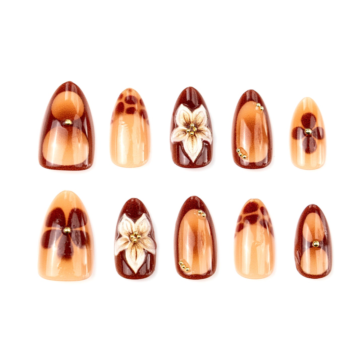 Autumn Elegance Medium Almond Brown Gradient Nails with Floral Accents