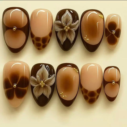 Bohemian Elegance Medium Almond Brown Floral Press On Nail Set with Unique Gilded Accents