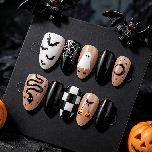 Spooky Season Medium Almond Black and Beige Nail Set with Whimsical Halloween Designs