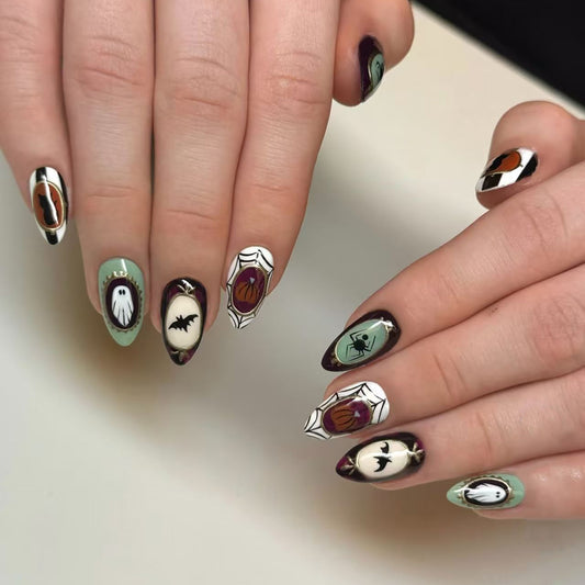 Spooky Elegance Medium Stiletto Multi-Colored Press-On Nail Set with Intricate Halloween Designs