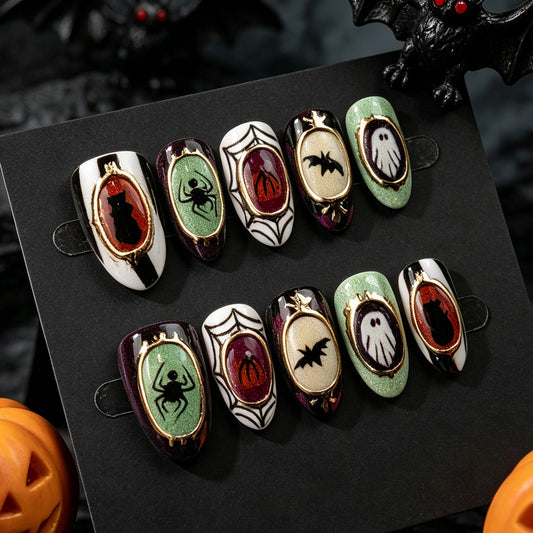 Spooky Festival Medium Almond Black and Green Pumpkin Witch Nail Set