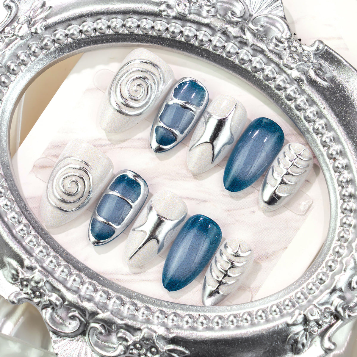 Glamorous Ocean Vibes Medium Almond Blue Metallic Design Press On Nail Set