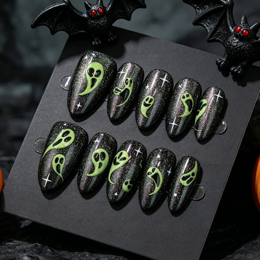 Spooky Glow Medium Almond Black and Green Ghost Nail Set with Glitter Finish