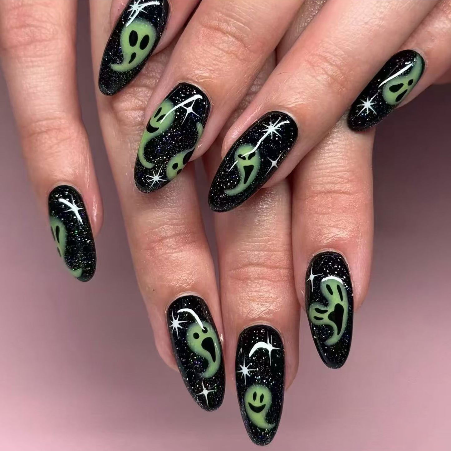 Spooky Glam Medium Almond Black with Glow in the Dark Ghosts Press on Nail Set
