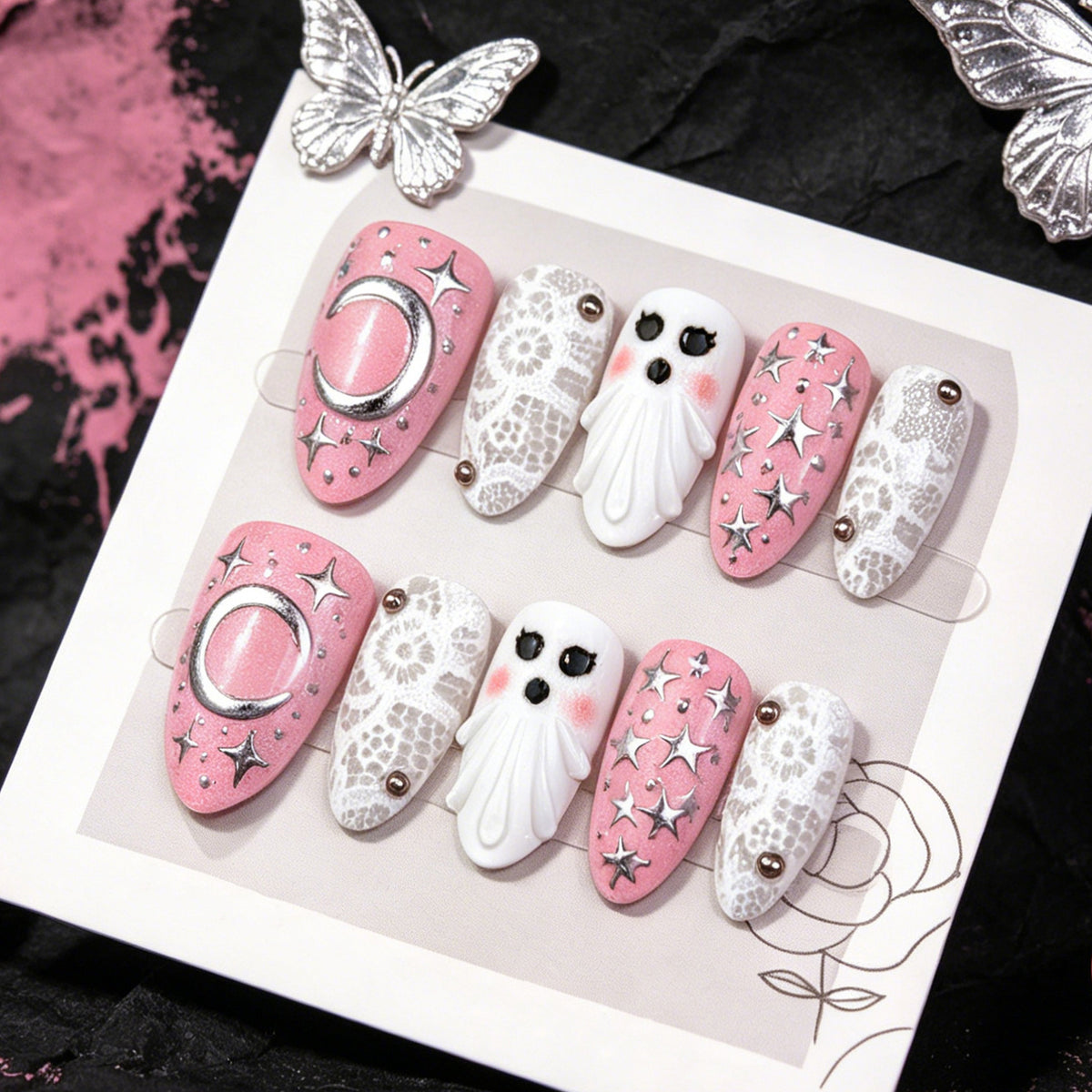 Mystical Moonlight Medium Almond Pink and White Ghostly Press-On Nail Set