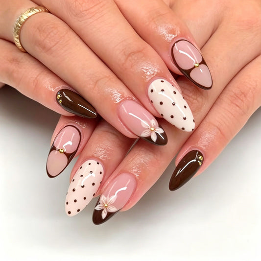 Chocolate Delight Medium Stiletto Brown and Beige Floral Accent Press On Nail Set
