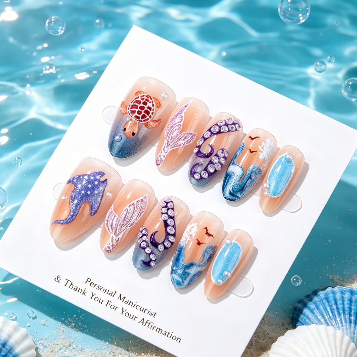 Ocean Wave Medium Almond Aqua Theme with Stunning Sea Life Design Press On Nail Set