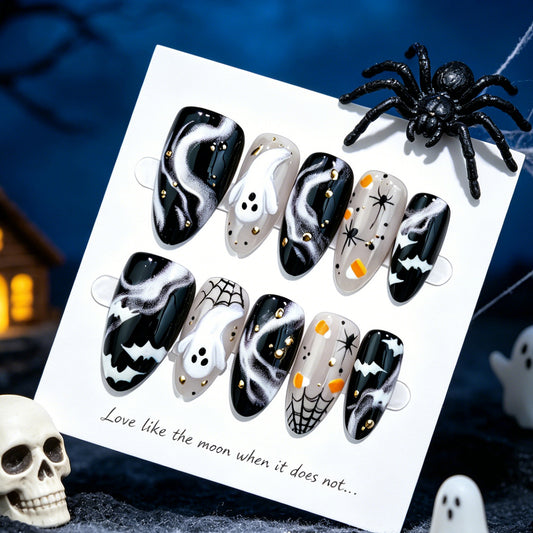 Spooky Moonlight Medium Almond Black and White Ghostly Design Press On Nail Set