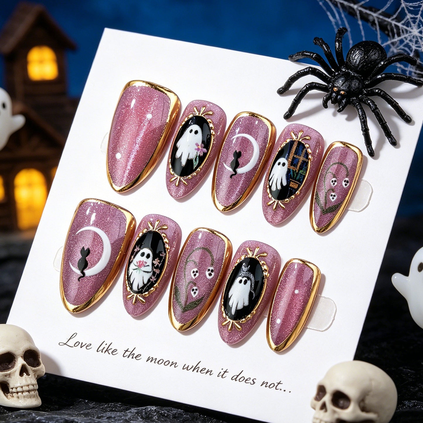 Mystical Midnight Medium Almond Glittery Spook Design Press-On Nail Set