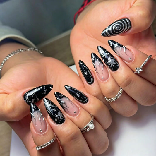 Cosmic Elegance Long Stiletto Black Nail Set with Unique Starry Design