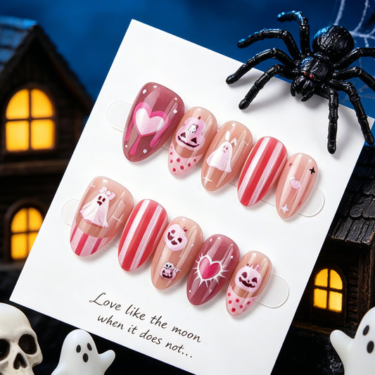 Spooky Love Medium Almond Pink with Whimsical Ghost and Heart Designs Press On Nail Set