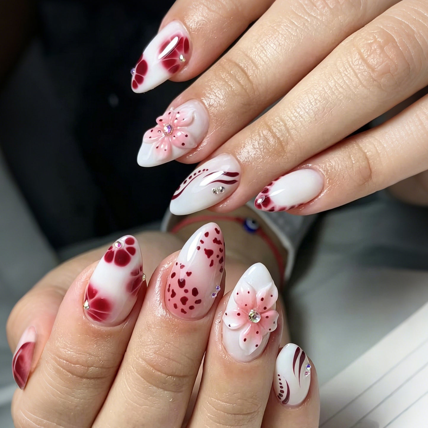 Blooming Elegance Medium Almond White and Pink Floral Design Nail Set